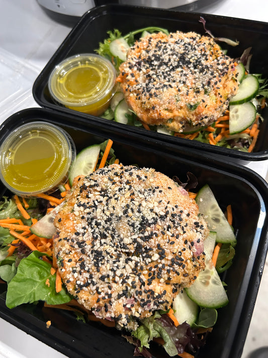 Thai Sesame Salmon Patty Salad with Lime Glaze (GF, DF, NF, SF)